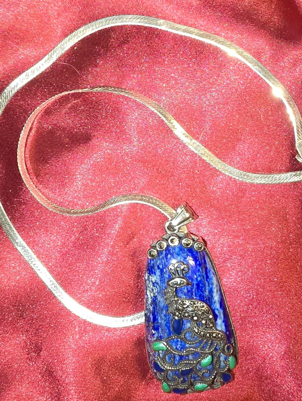 Lapis Lazuli Silver Peacock Pendant Necklace